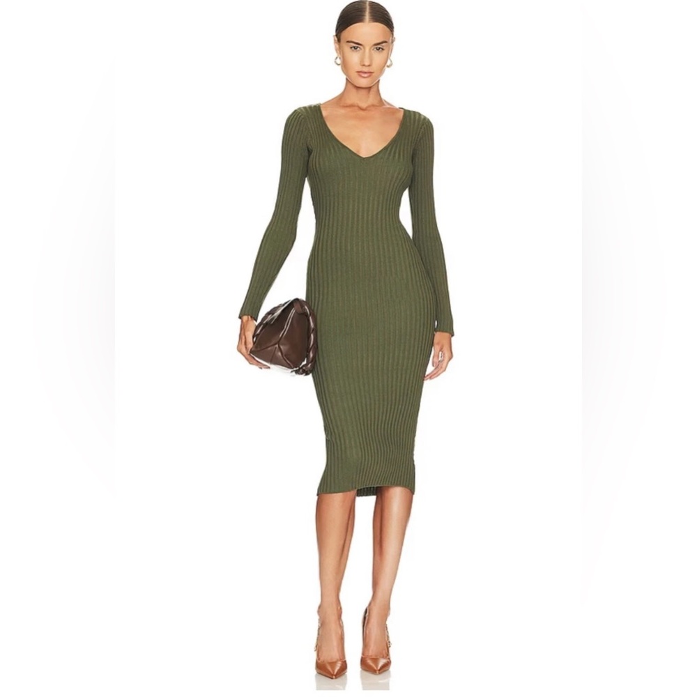 NBD Bekah Long Sleeve Ribbed B neck Midi Sweater Dress Olive Green Size S